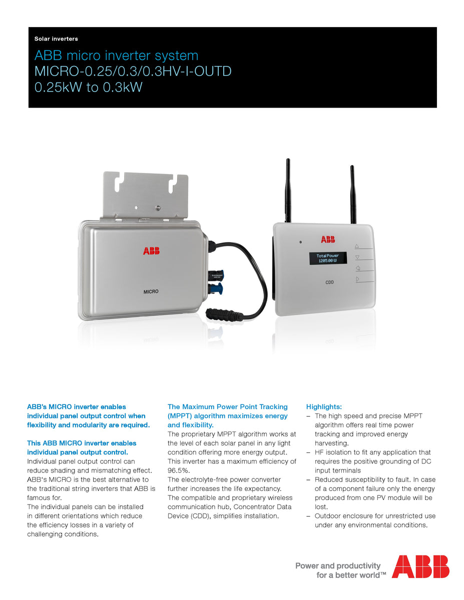 ABB Micro Inverter, 0.25-1-OUTD-US-208/240, 250W – Arntjen Clean Energy ...