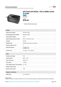 Page 1 of datasheet for Battery Backup for DEGER Trackers, APC BN-650-CA, 650VA