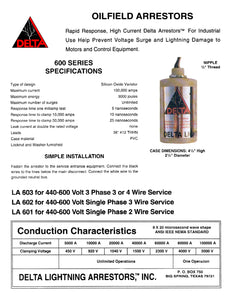 Technical Specifications for Delta LA602-DC Lightning Arrestor, DC 0-600V