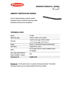 Technical Data for Fronius Ambient Temperature Sensor